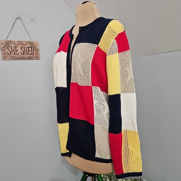 Breckenridge Americana Patriotic Red Blue Color Block Button Front Cardigan L - Picture 2 of 11